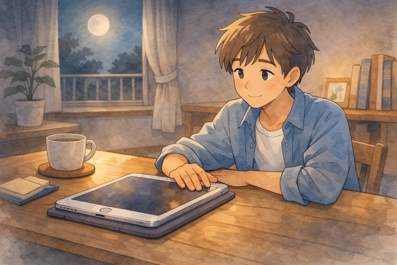 夜の机でiPadにそっと手を置く少年