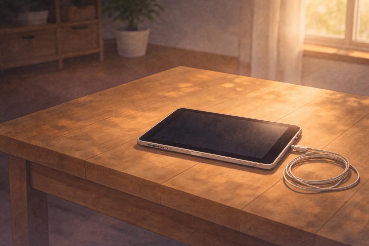 少し古びた充電ケーブルとiPad