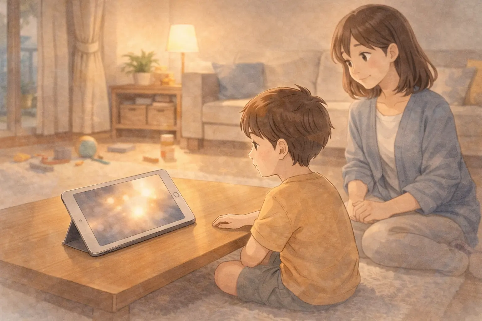 子どもが床でiPadを見ている様子を見守る母親