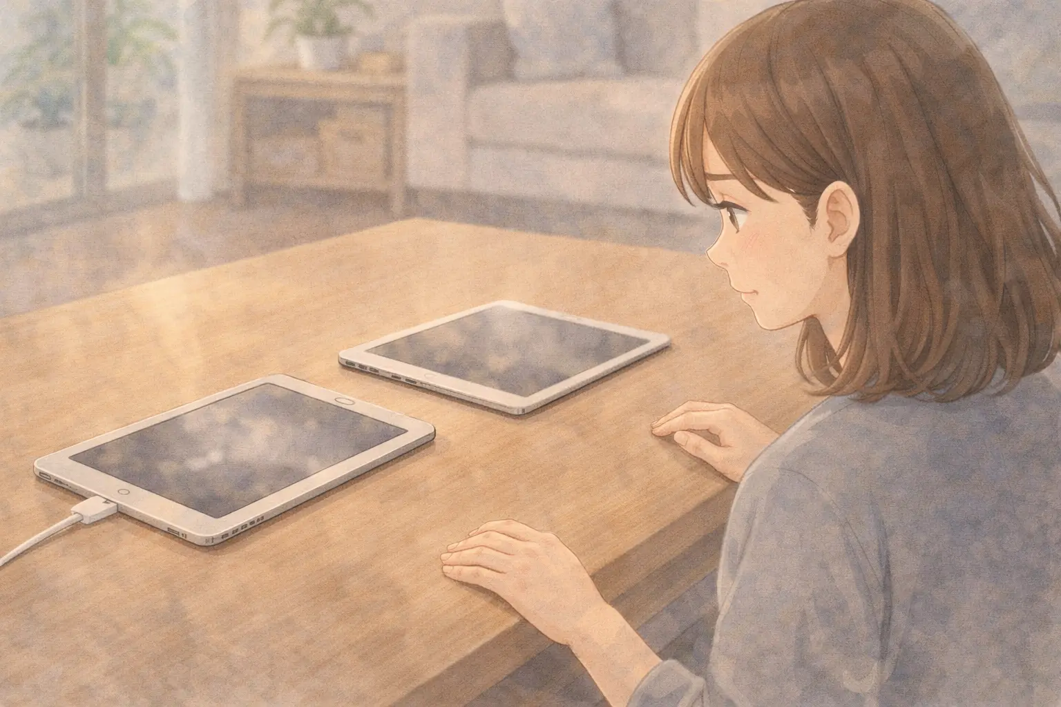 2台のiPadを見比べる人物