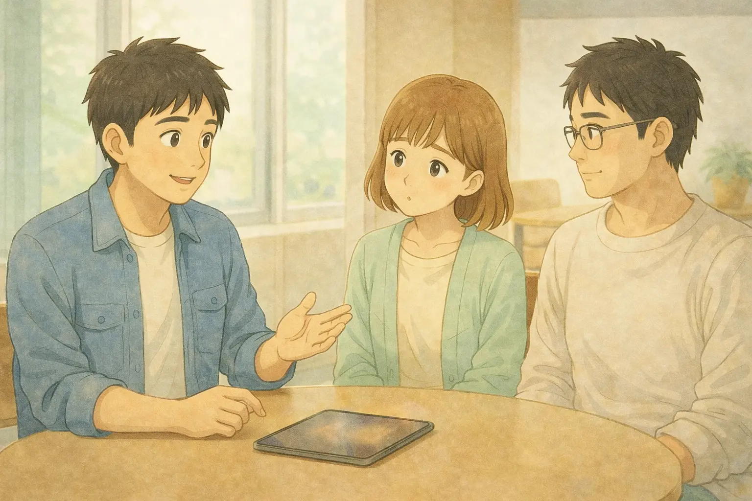 昼休み、iPadを前に穏やかに話すひろと・陽菜・さとし