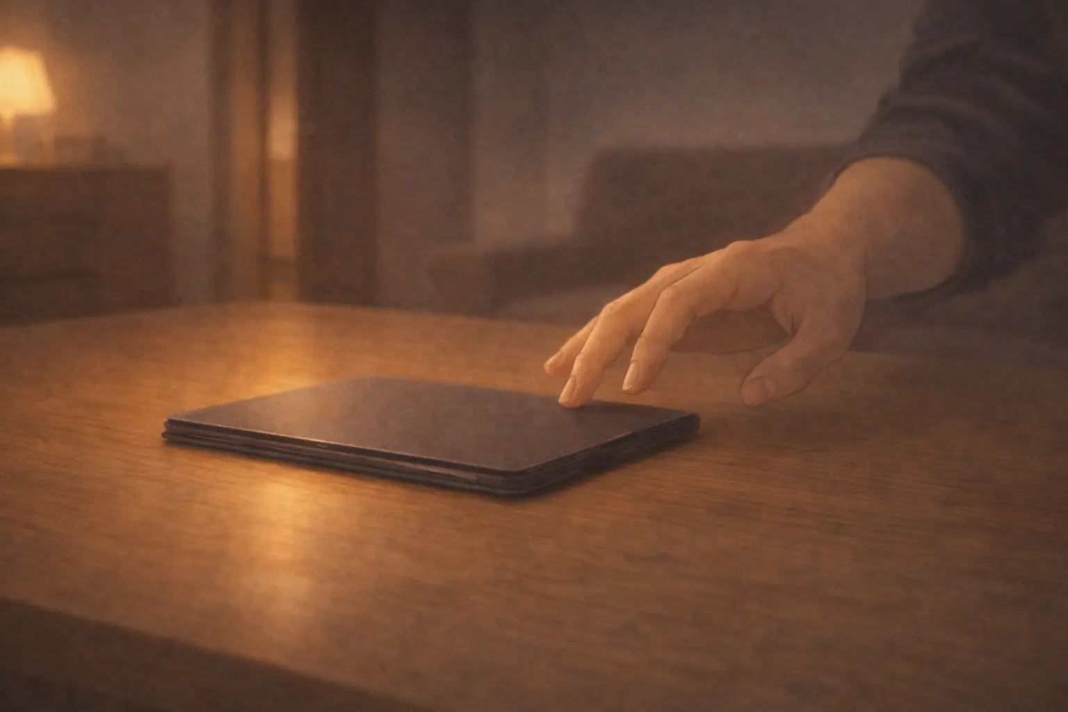 閉じられたiPadから静かに手を離す瞬間