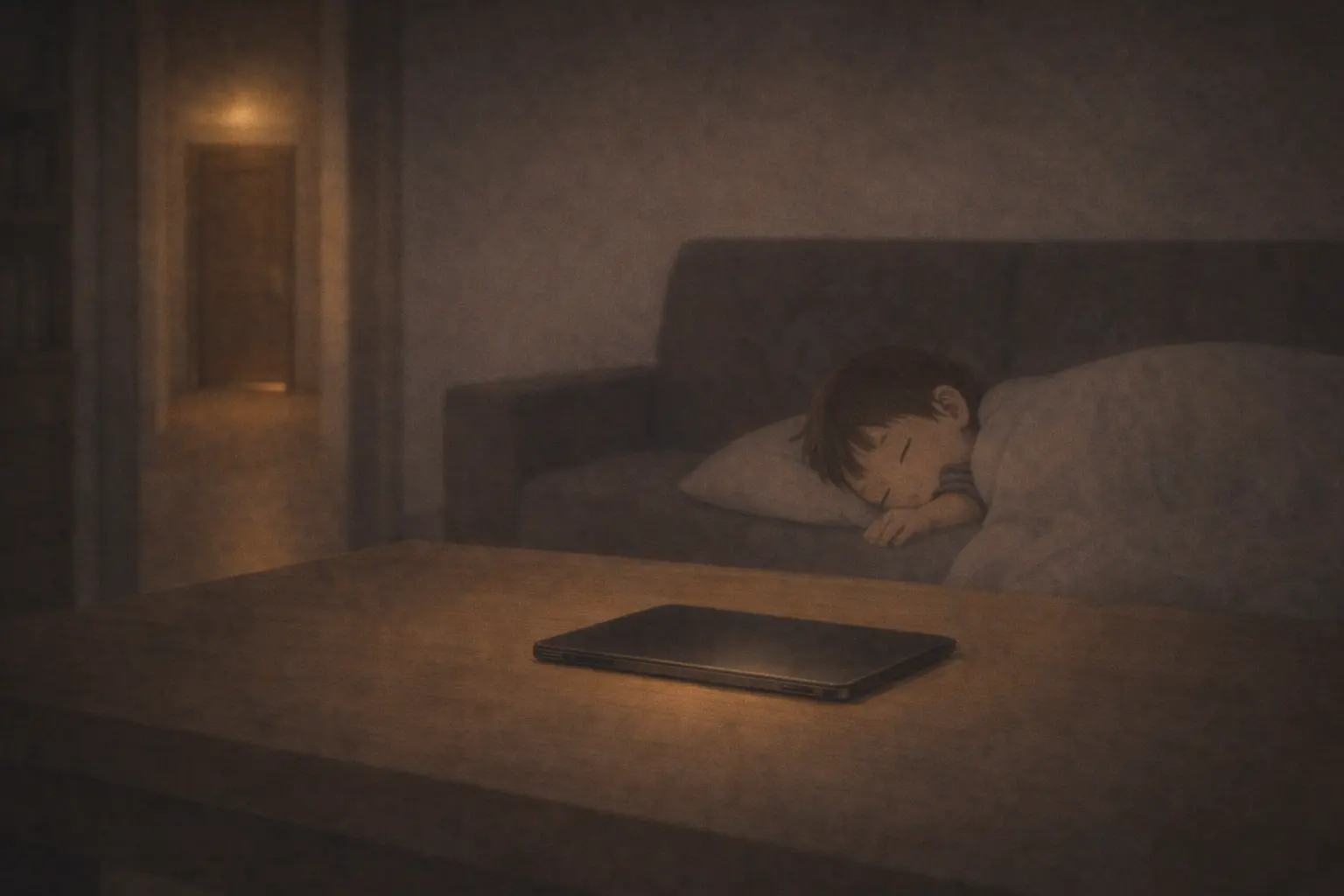 夜のリビング。暗いiPadと、眠る芽依。