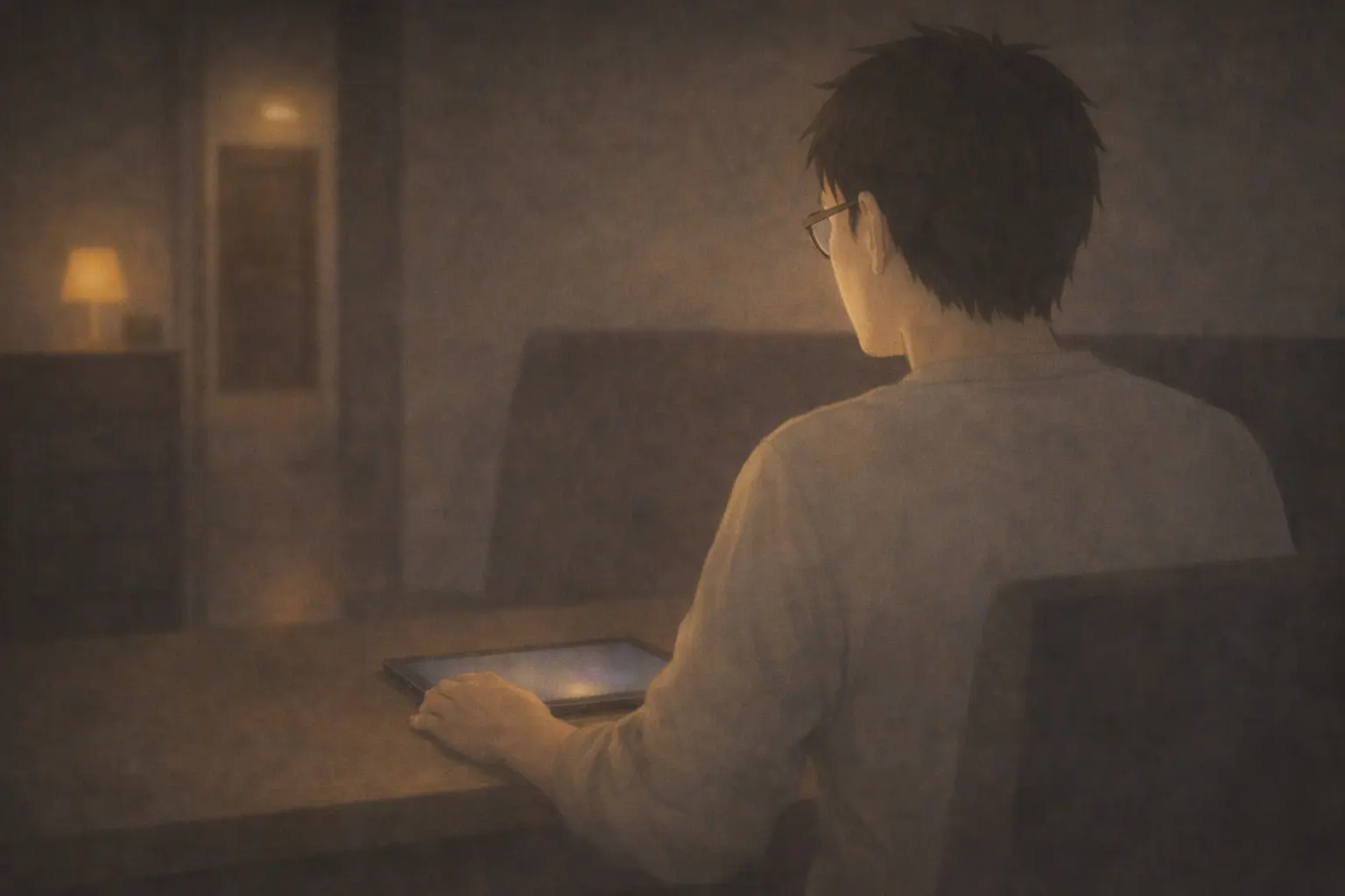 背中越しにiPadと向き合うさとし。