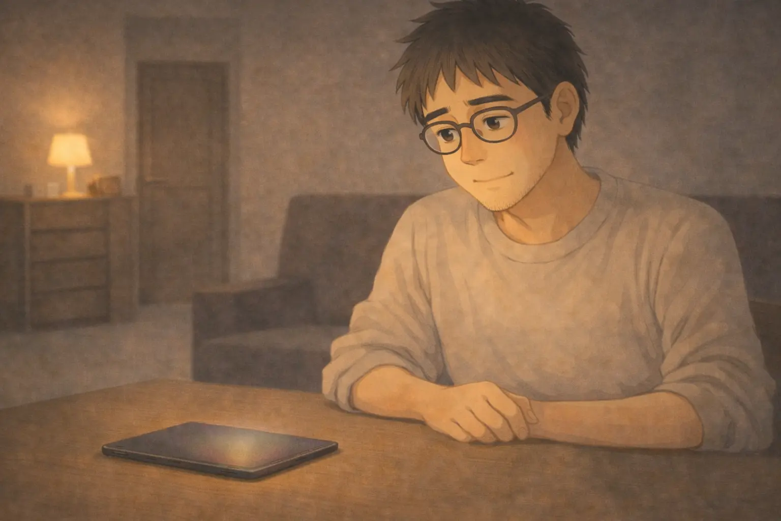 静かな夜にiPadを前に穏やかに座るさとし