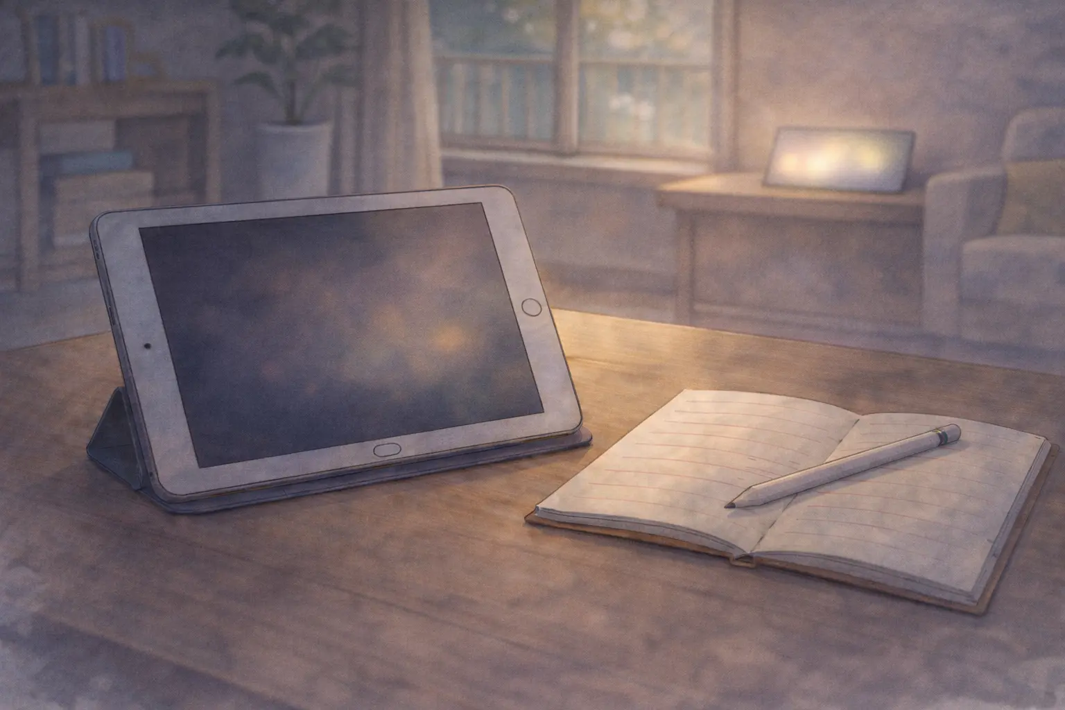 机の上の第9世代iPadと背景にぼんやり見える新型タブレット