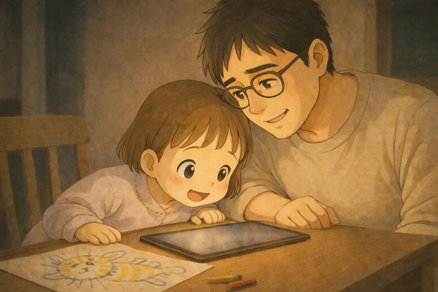 芽依がiPadに顔を近づけて猫の画像をのぞき込む様子