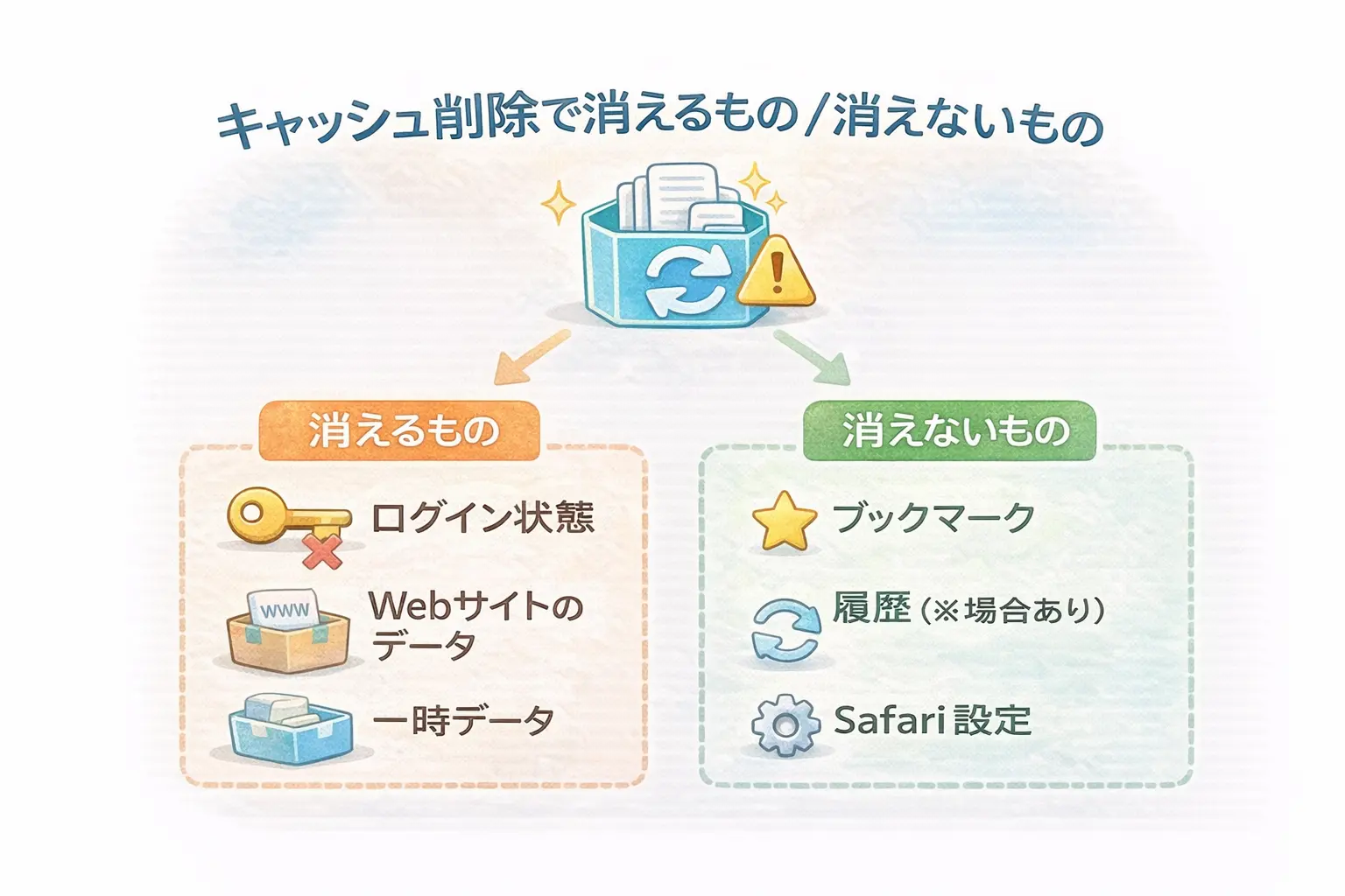 Safariキャッシュ削除で消えるもの・消えないものの違い（ログイン状態やWebサイトデータは消えるが、ブックマークやSafari設定は残る）