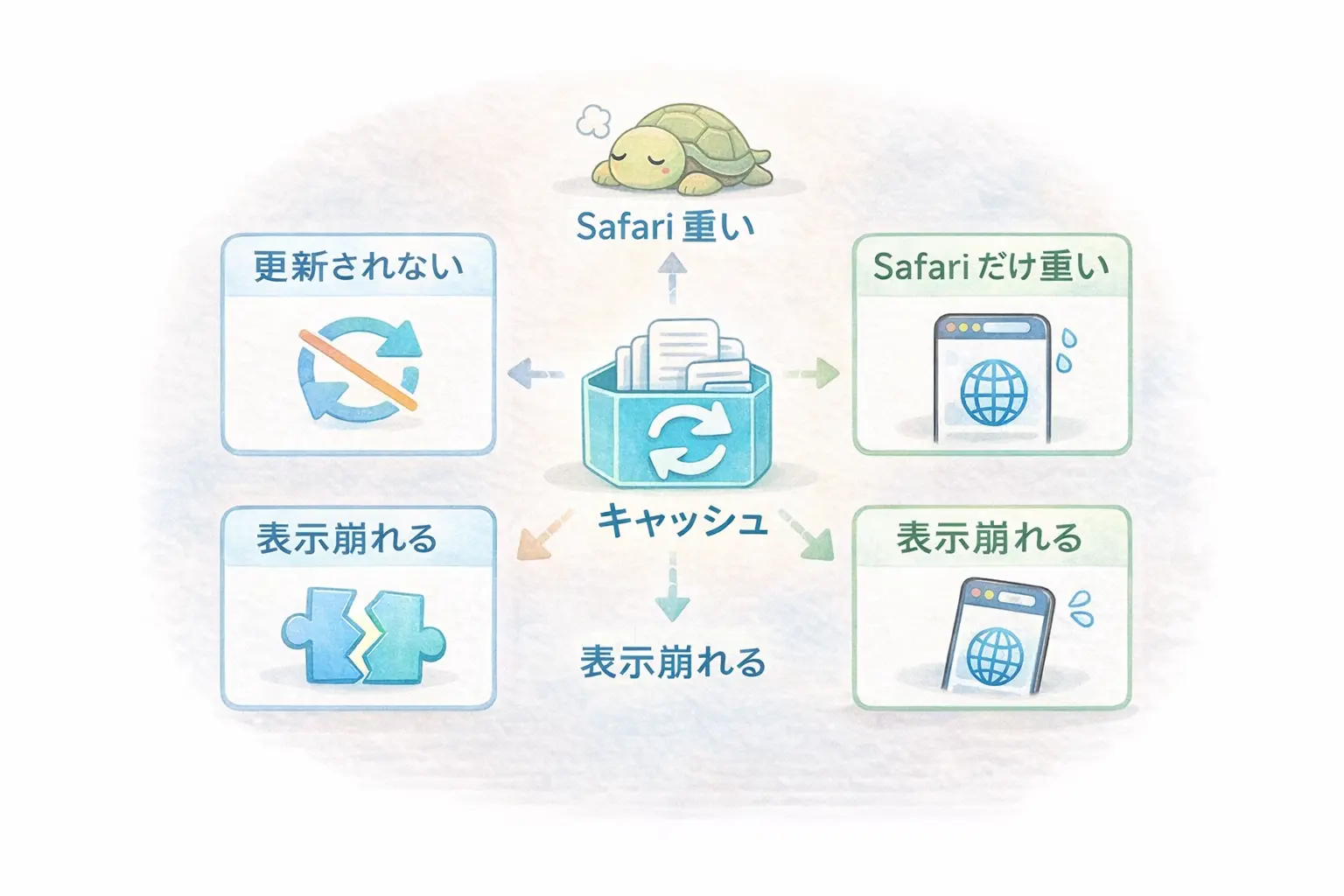 Safariキャッシュがたまると起きるトラブル（Safariが重い、更新されない、表示崩れなど）