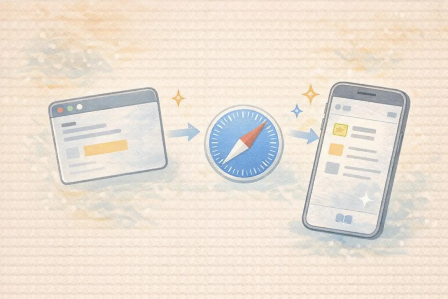 SafariブックマークがiCloudでiPhone・iPad・Macに同期されるイメージ図