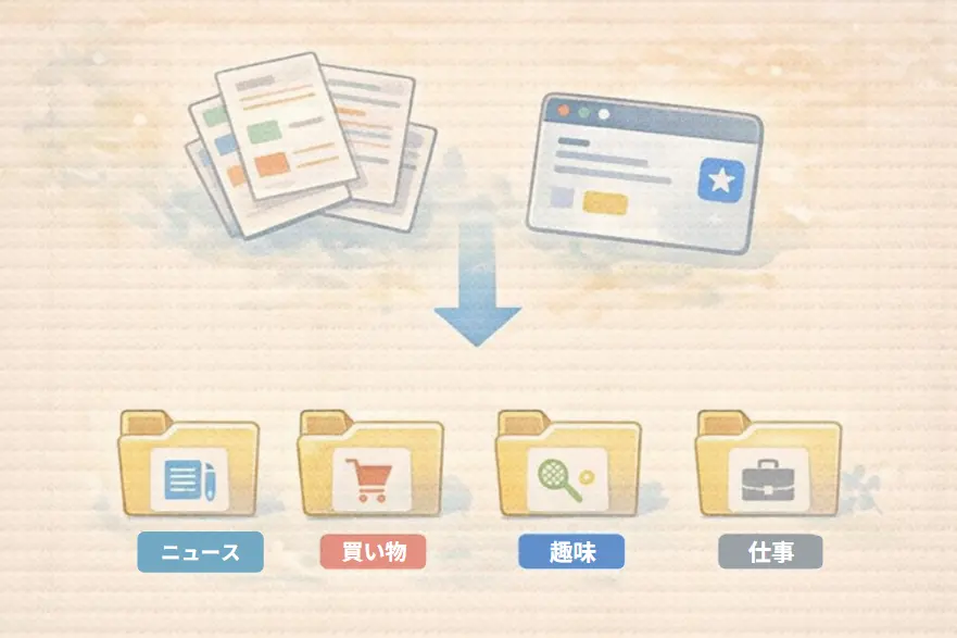 Safariブックマークをフォルダ（ニュース・買い物・趣味・仕事）に分けて整理するイメージ図